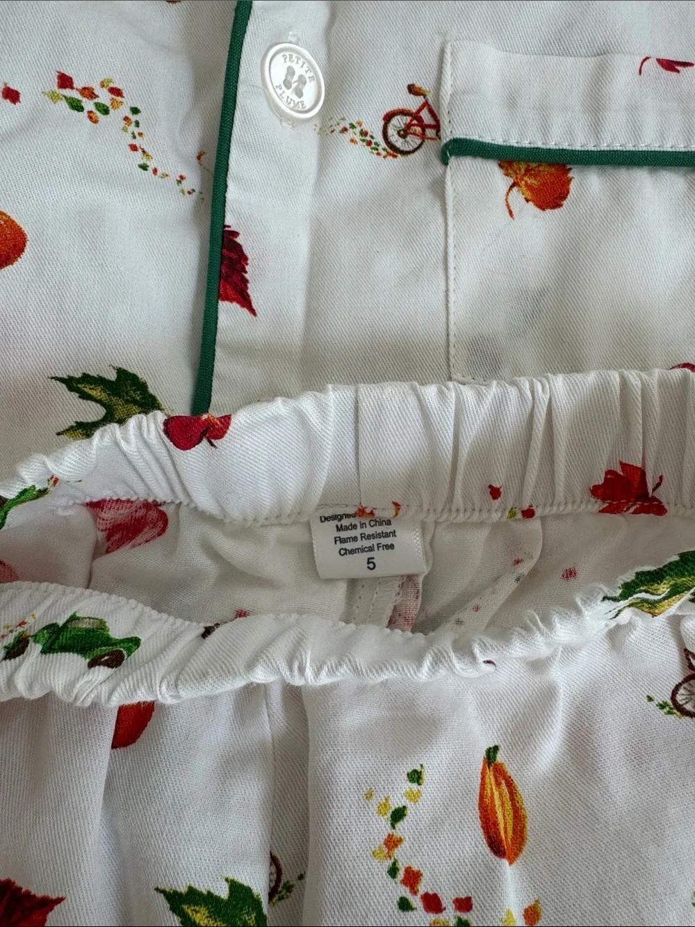 Children's White Autumn Leaf Print Pajama Set with Green Trim